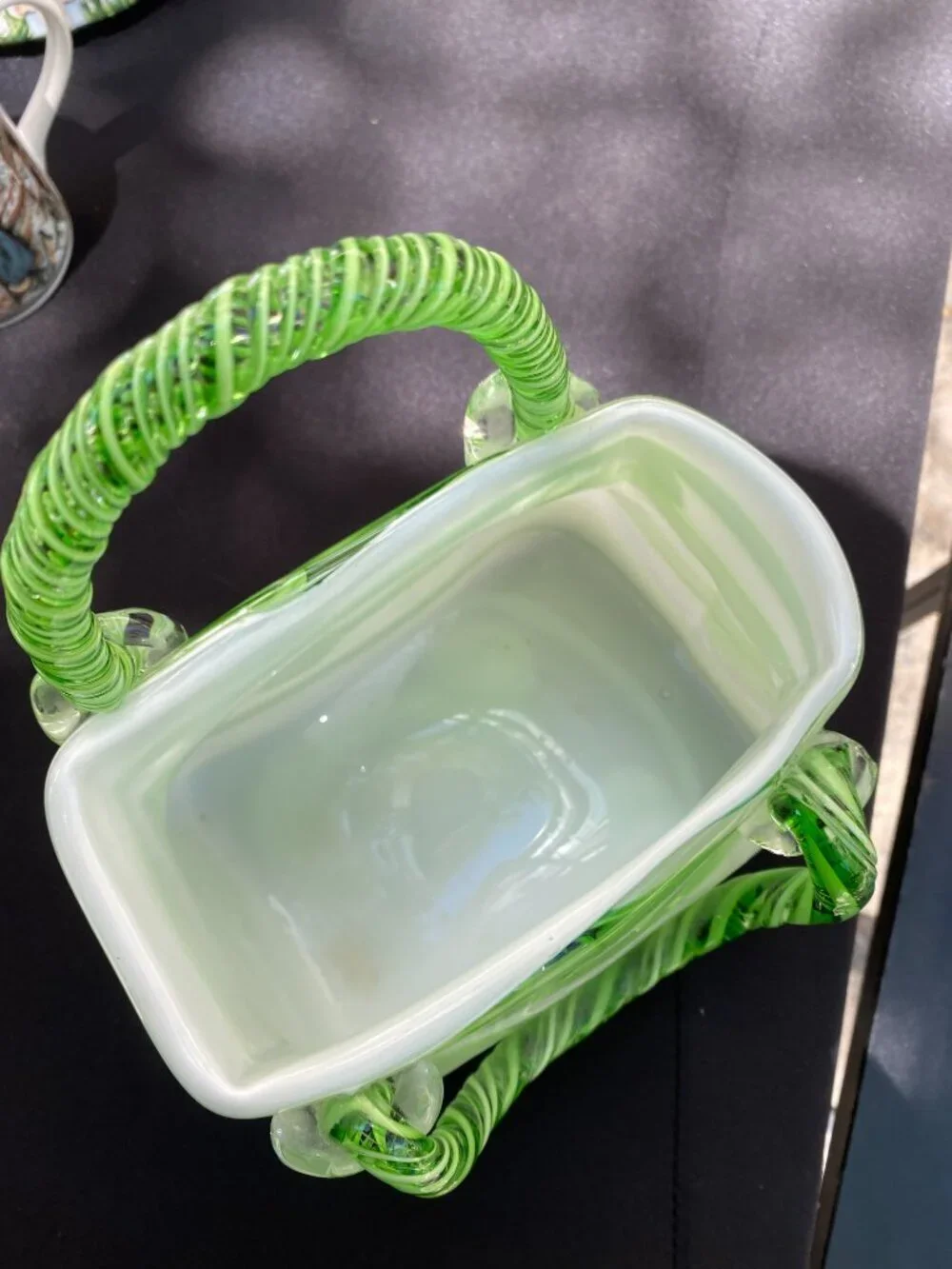 “Vintage Murano Style Glass Purse Vase – Green & White Striped Handbag Vase | Re
